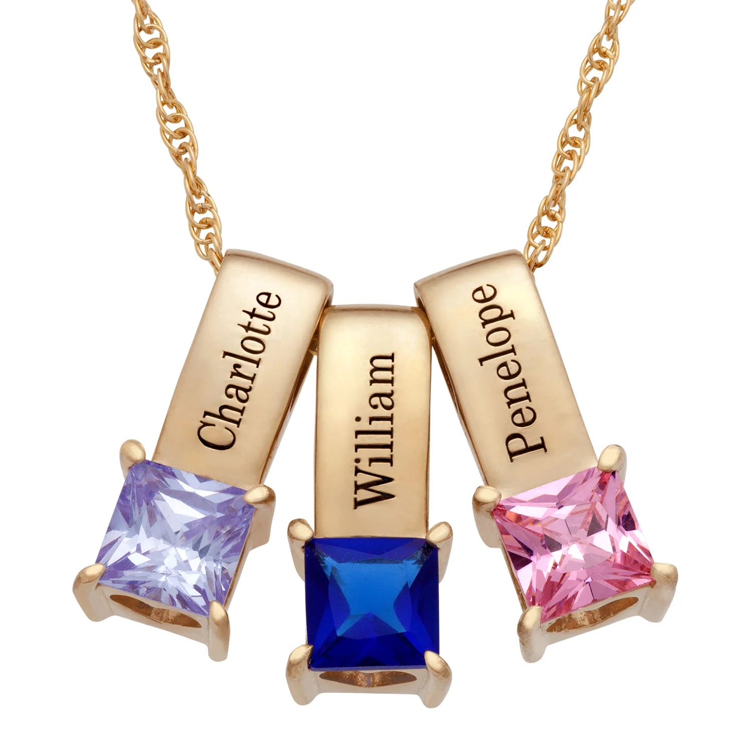 14K Gold over Sterling Engraved Name and Birthstone Charm 3 Piece Pendant