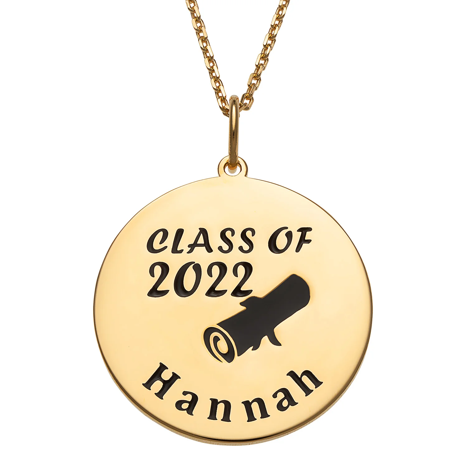 14K Gold over Sterling Engraved Name Class of Disc with Diploma Necklace