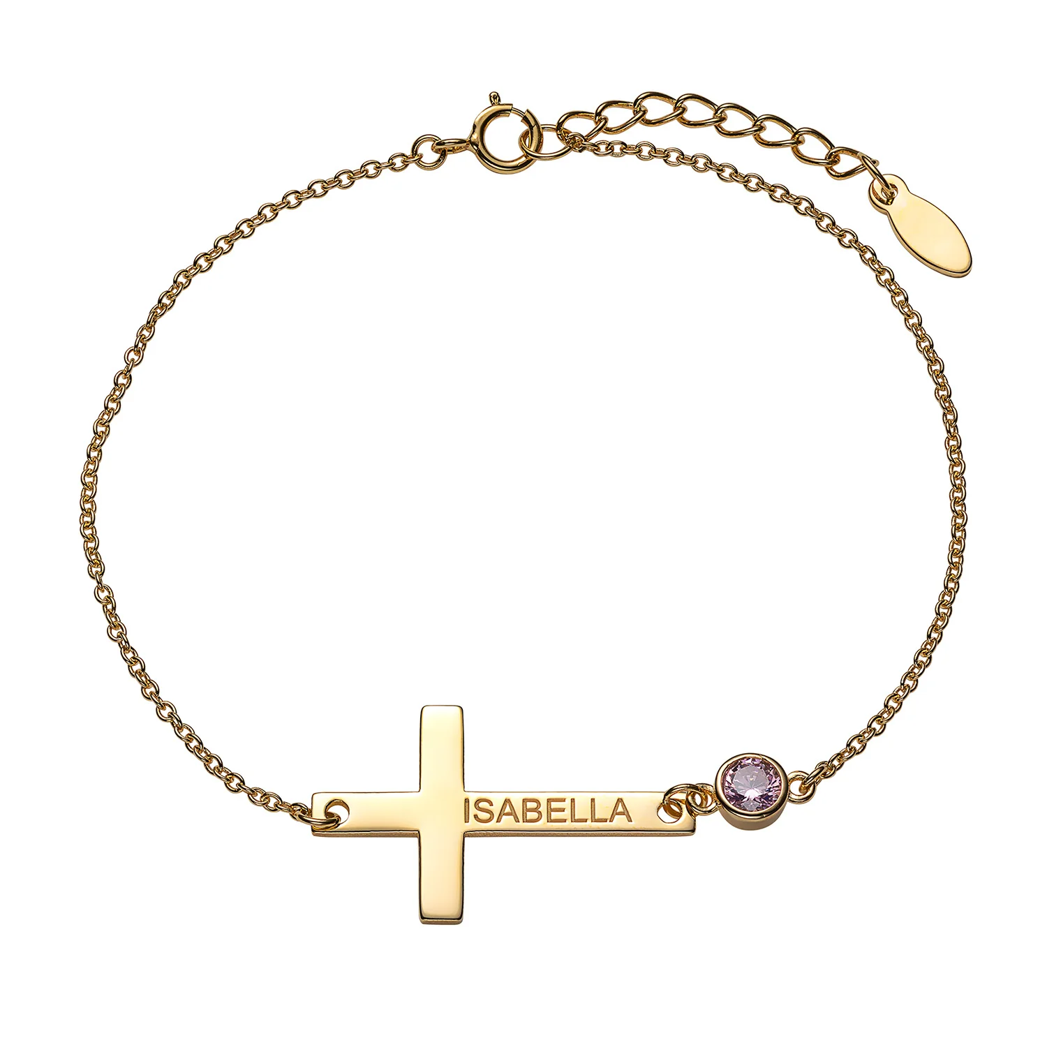 14K Gold over Sterling Engraved Name Cross with Birthstone Bracelet