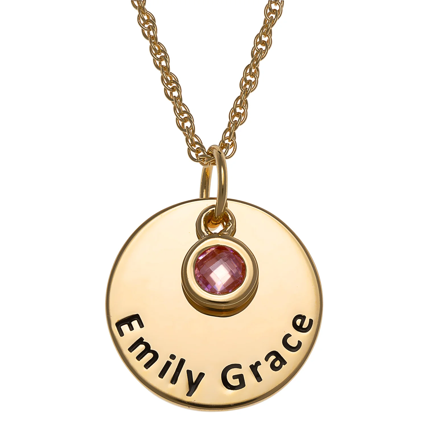 14K Gold over Sterling Engraved Name Disc with Birthstone Charm Necklace