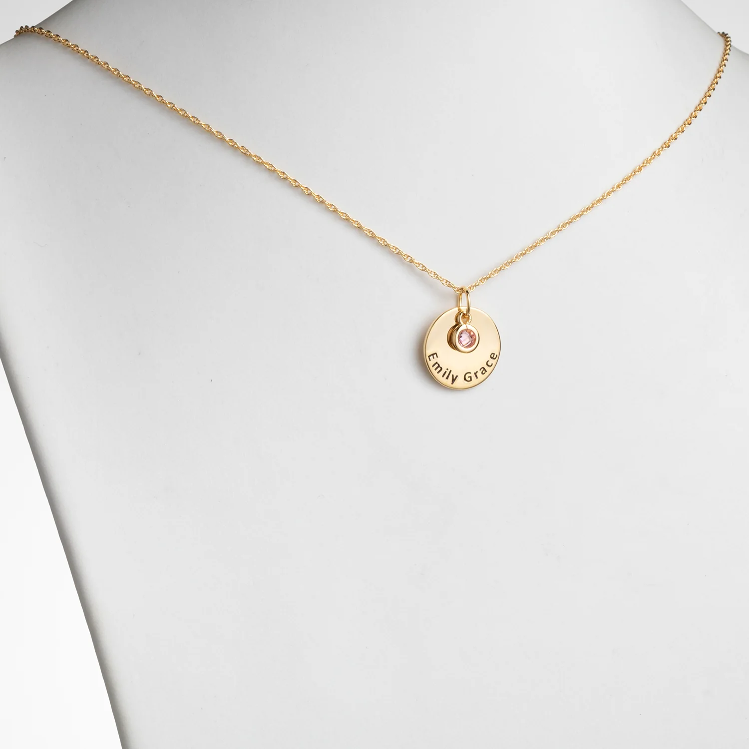 14K Gold over Sterling Engraved Name Disc with Birthstone Charm Necklace - Image 2