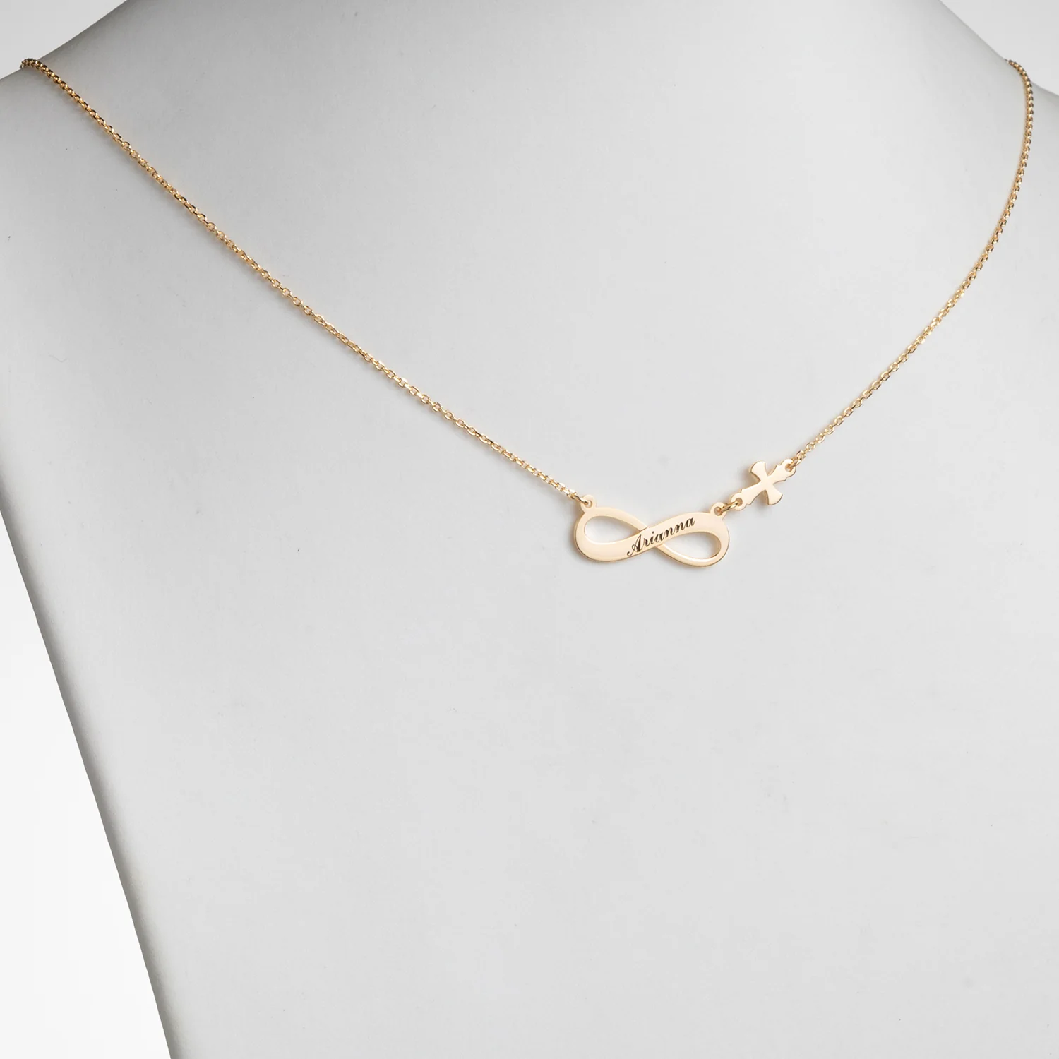 14K Gold over Sterling Engraved Name Infinity with Cross Necklace - Image 2
