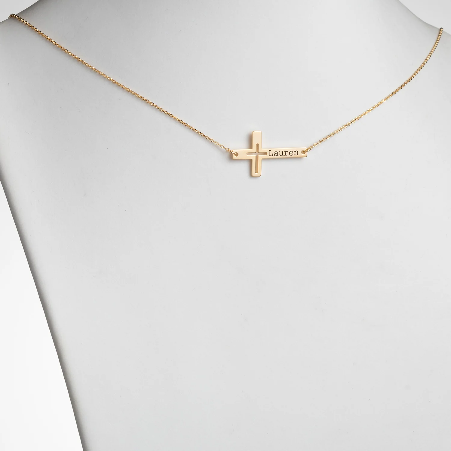 14K Gold over Sterling Engraved Name Sideways Cross Necklace - Image 2