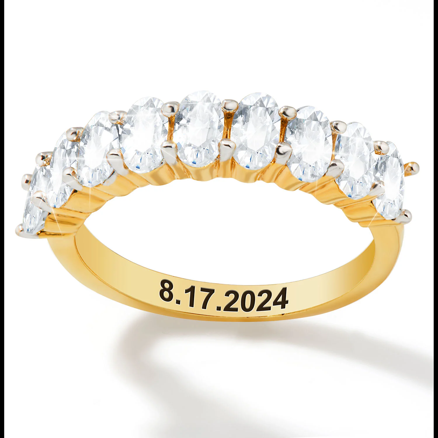 Gold over Sterling Engraved Oval Half Eternity White Topaz Ring - Image 3