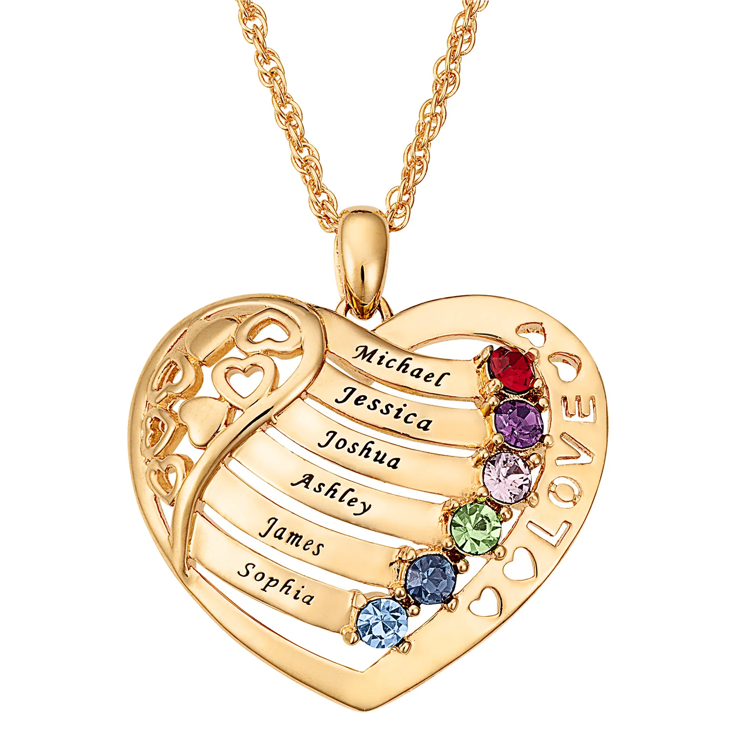 14K Gold over Sterling Family Heart Birthstone LOVE Pendant