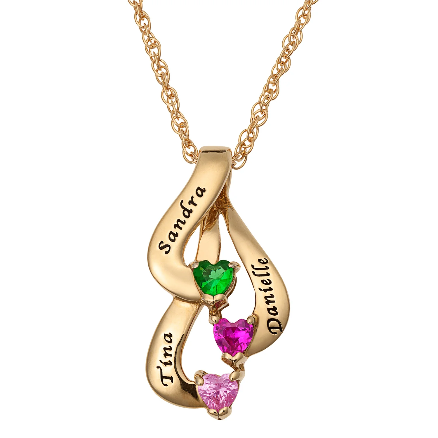 Gold over Sterling Family or Sisters Name and Heart Birthstone Pendant