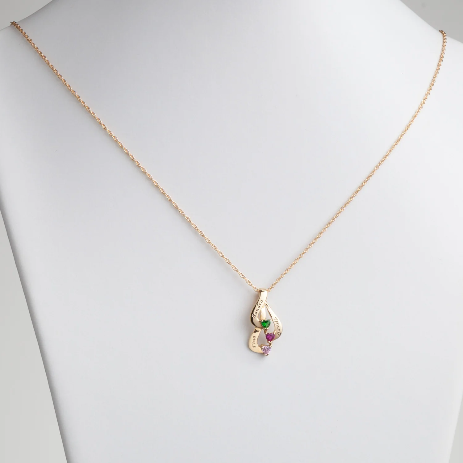 Gold over Sterling Family or Sisters Name and Heart Birthstone Pendant - Image 2