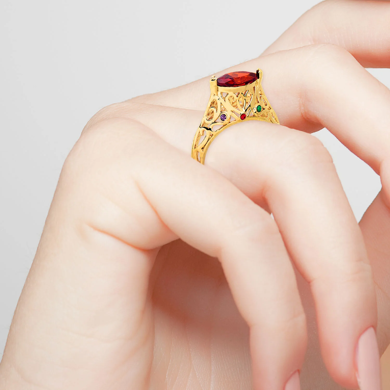 Gold Over Sterling Filigree Art Deco East-West Marquise Family Birthstone Ring - Image 2