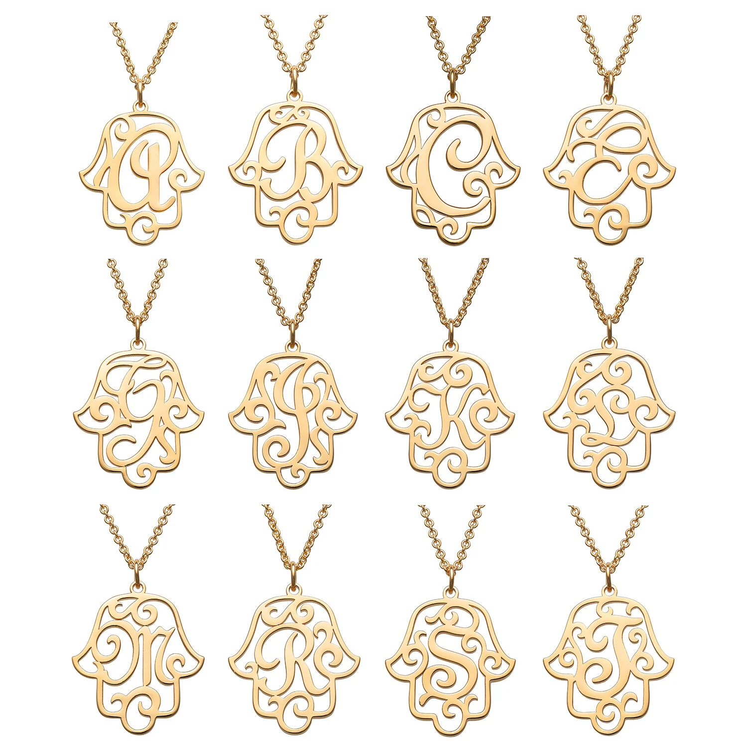14K Gold over Sterling Filigree Initial Hamsa Hand Necklace - Image 4