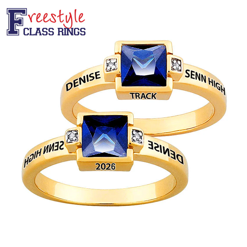 14K Gold over Sterling Freestyle Square Birthstone and Diamond Class Ring