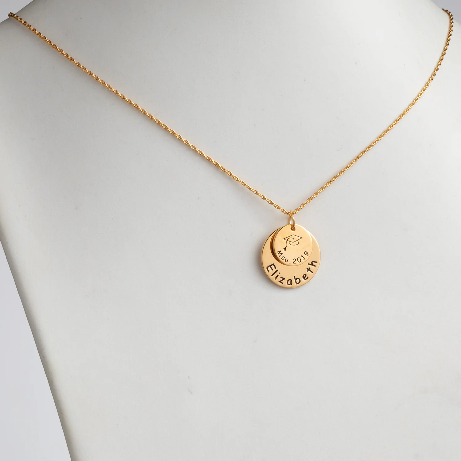 14K Gold over Sterling Graduation Double Disc with Engraved Grad Cap Necklace - Image 2