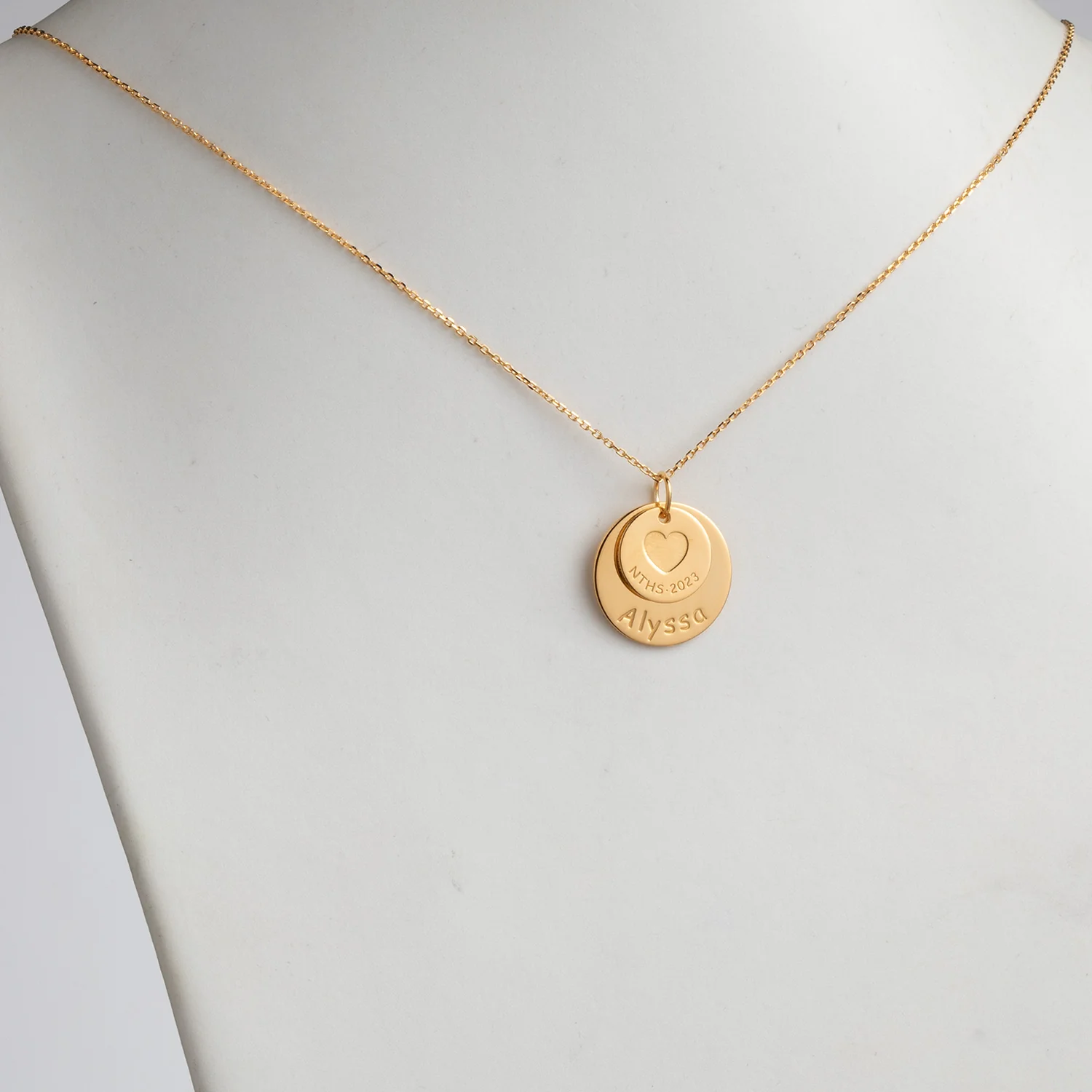 14K Gold over Sterling Graduation Double Disc with Engraved Heart Necklace - Image 2