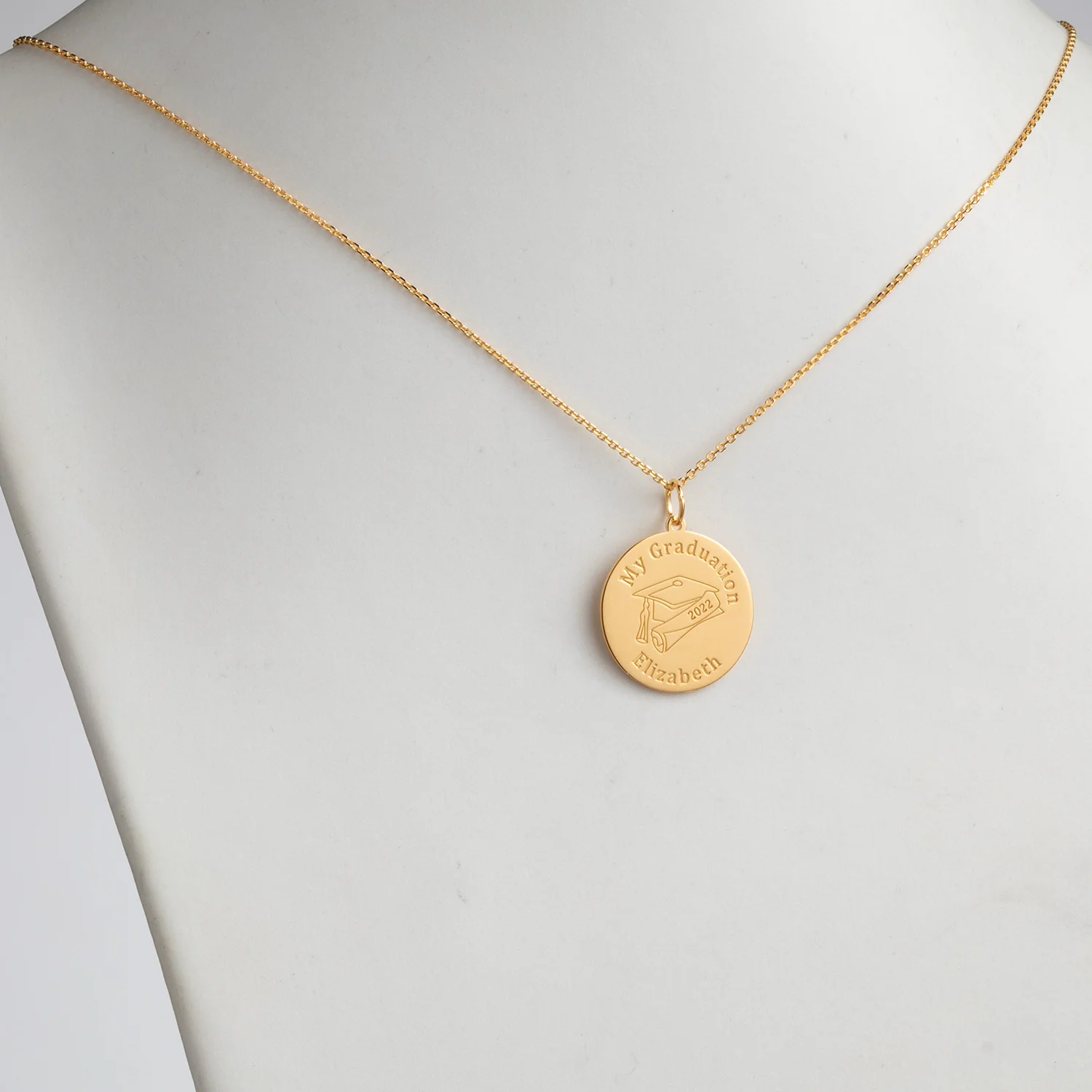 14K Gold over Sterling Graduation Name with Grad Cap Disc Pendant - Image 2