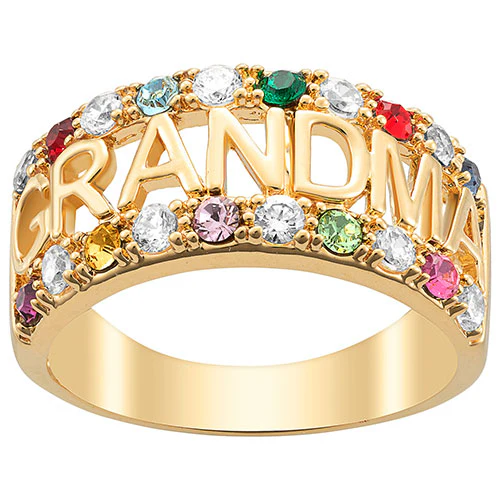 14K Gold over Sterling Grandma CZ Family Birthstone Ring