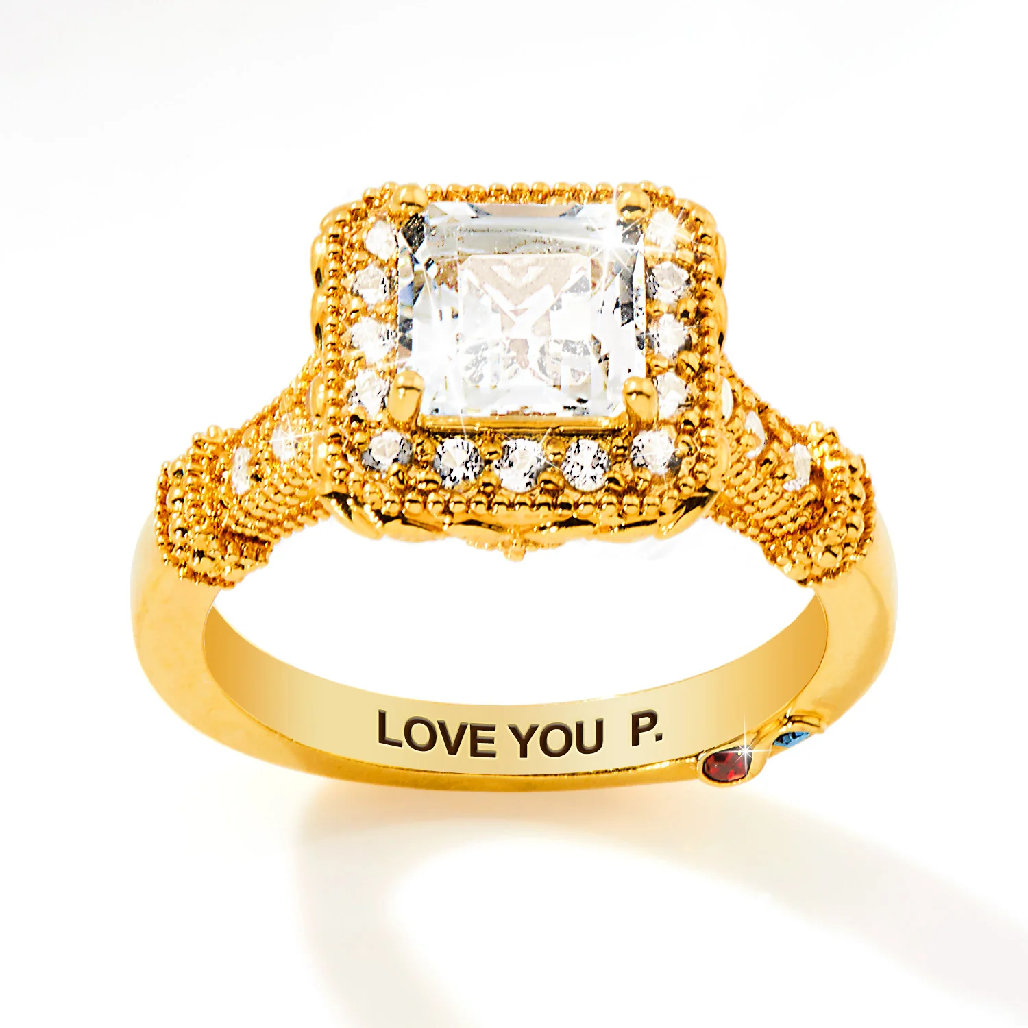 Gold over Sterling Halo Square White Topaz Vintage Hidden Messages Birthstone Ring - Image 3