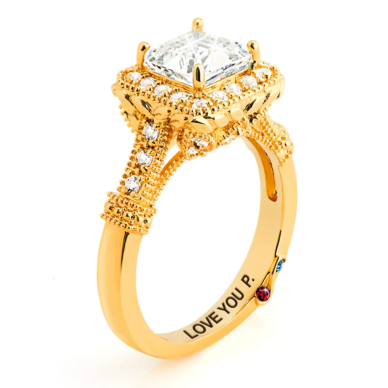 Gold over Sterling Halo Square White Topaz Vintage Hidden Messages Birthstone Ring - Image 4