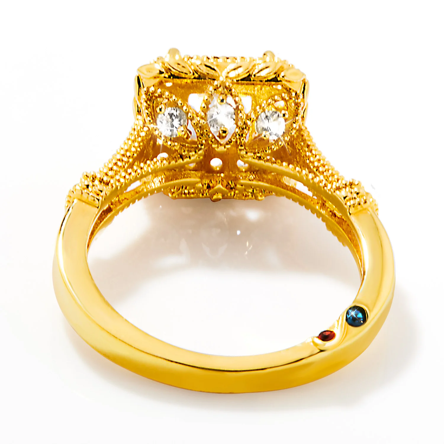 Gold over Sterling Halo Square White Topaz Vintage Hidden Messages Birthstone Ring - Image 5