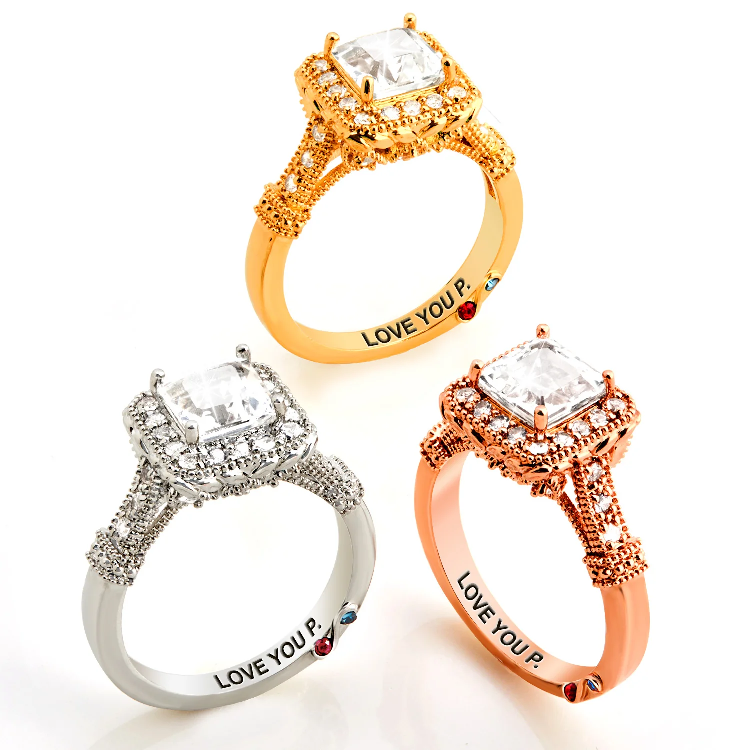 Gold over Sterling Halo Square White Topaz Vintage Hidden Messages Birthstone Ring - Image 9