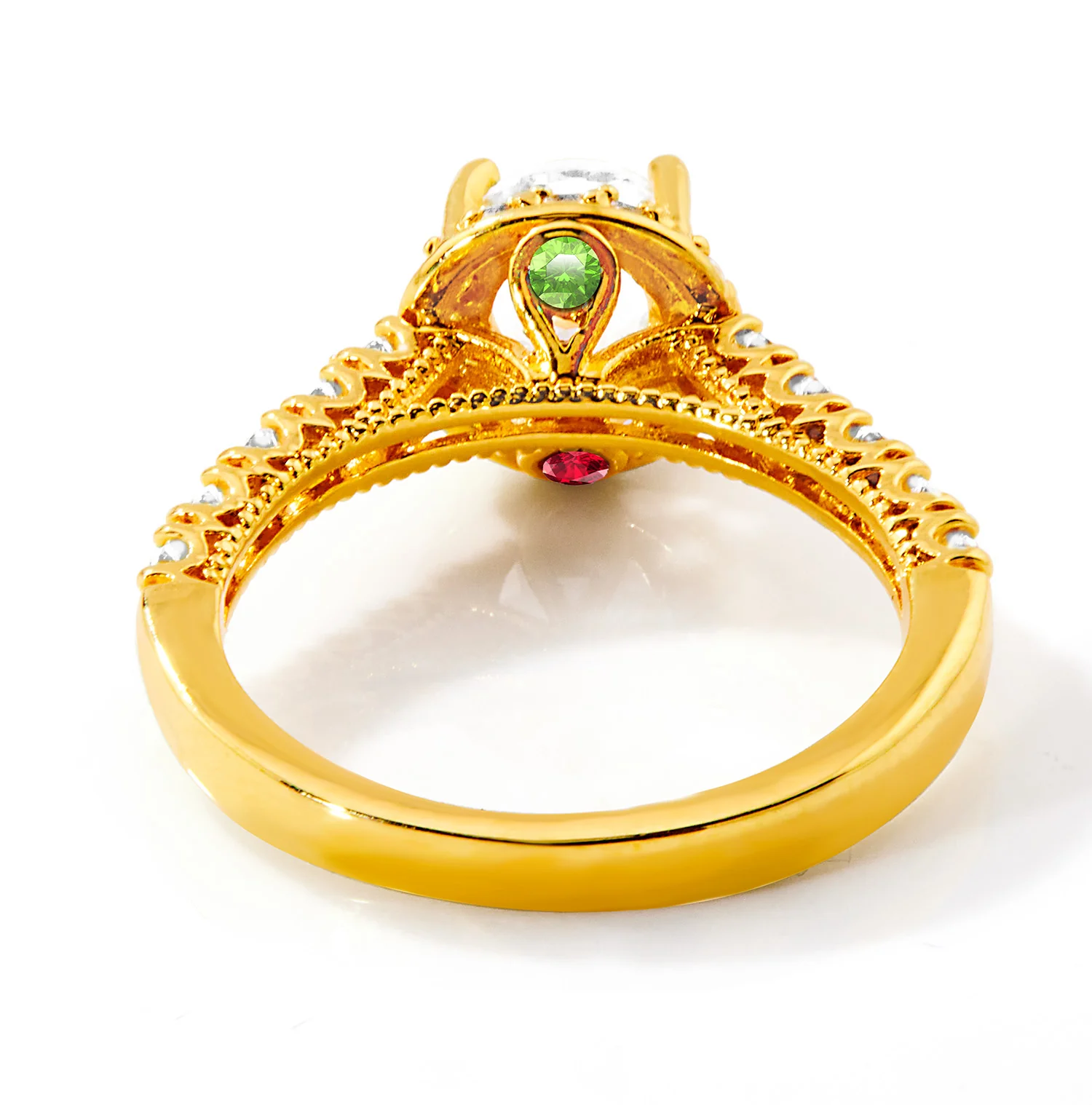 Gold over Sterling Hidden Halo and Birthstone White Topaz Solitaire Engraved Engagement Ring - Image 3