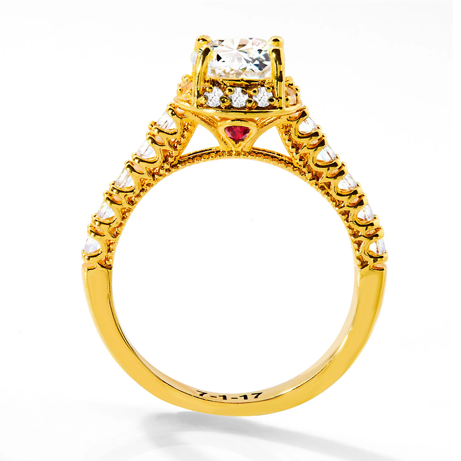 Gold over Sterling Hidden Halo and Birthstone White Topaz Solitaire Engraved Engagement Ring - Image 4