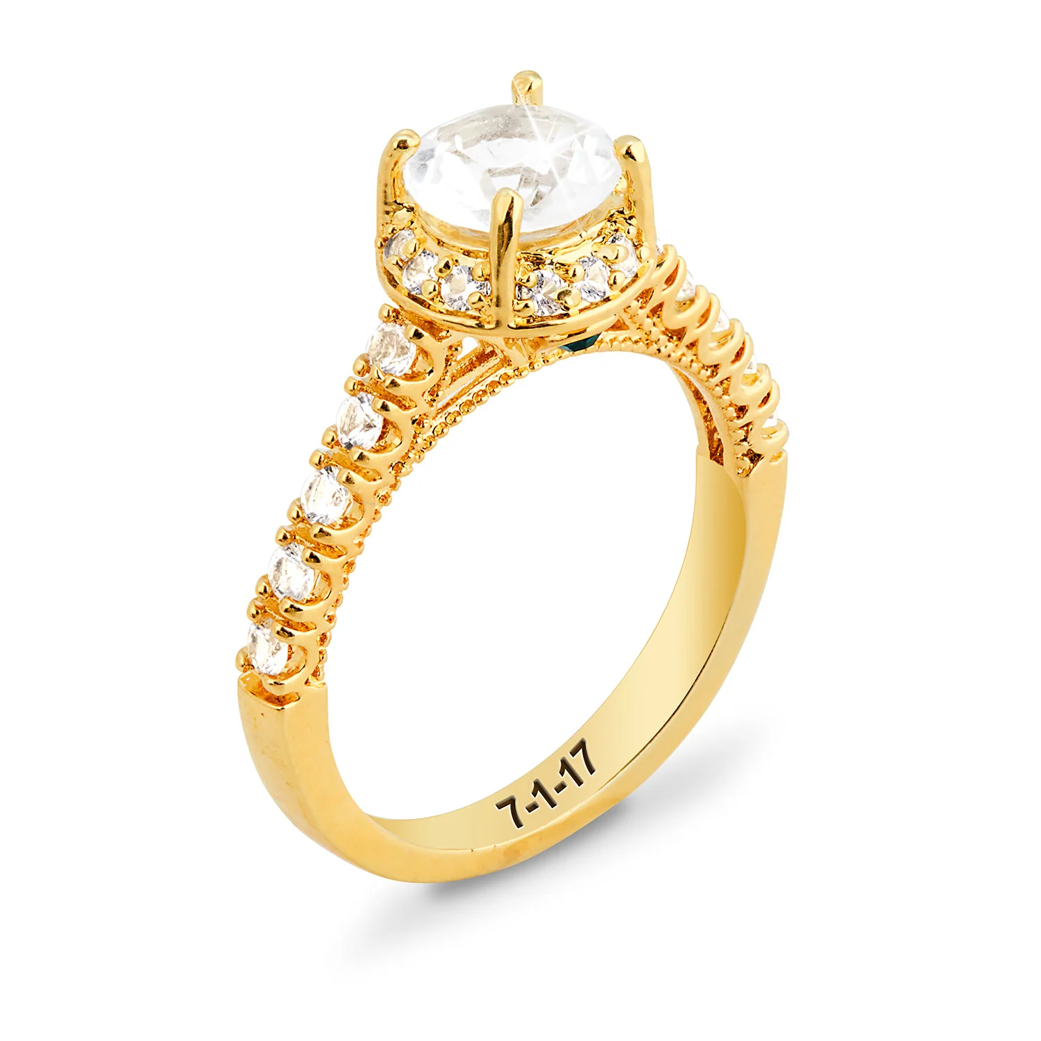 Gold over Sterling Hidden Halo and Birthstone White Topaz Solitaire Engraved Engagement Ring - Image 5