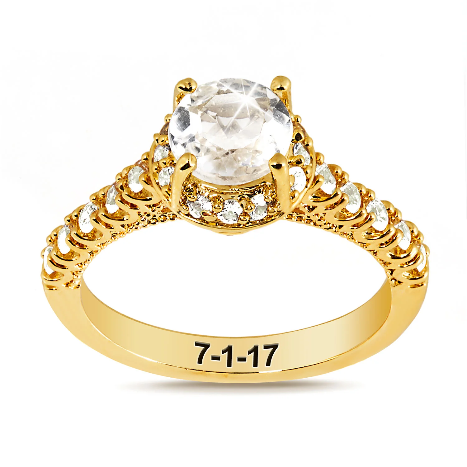 Gold over Sterling Hidden Halo and Birthstone White Topaz Solitaire Engraved Engagement Ring - Image 6