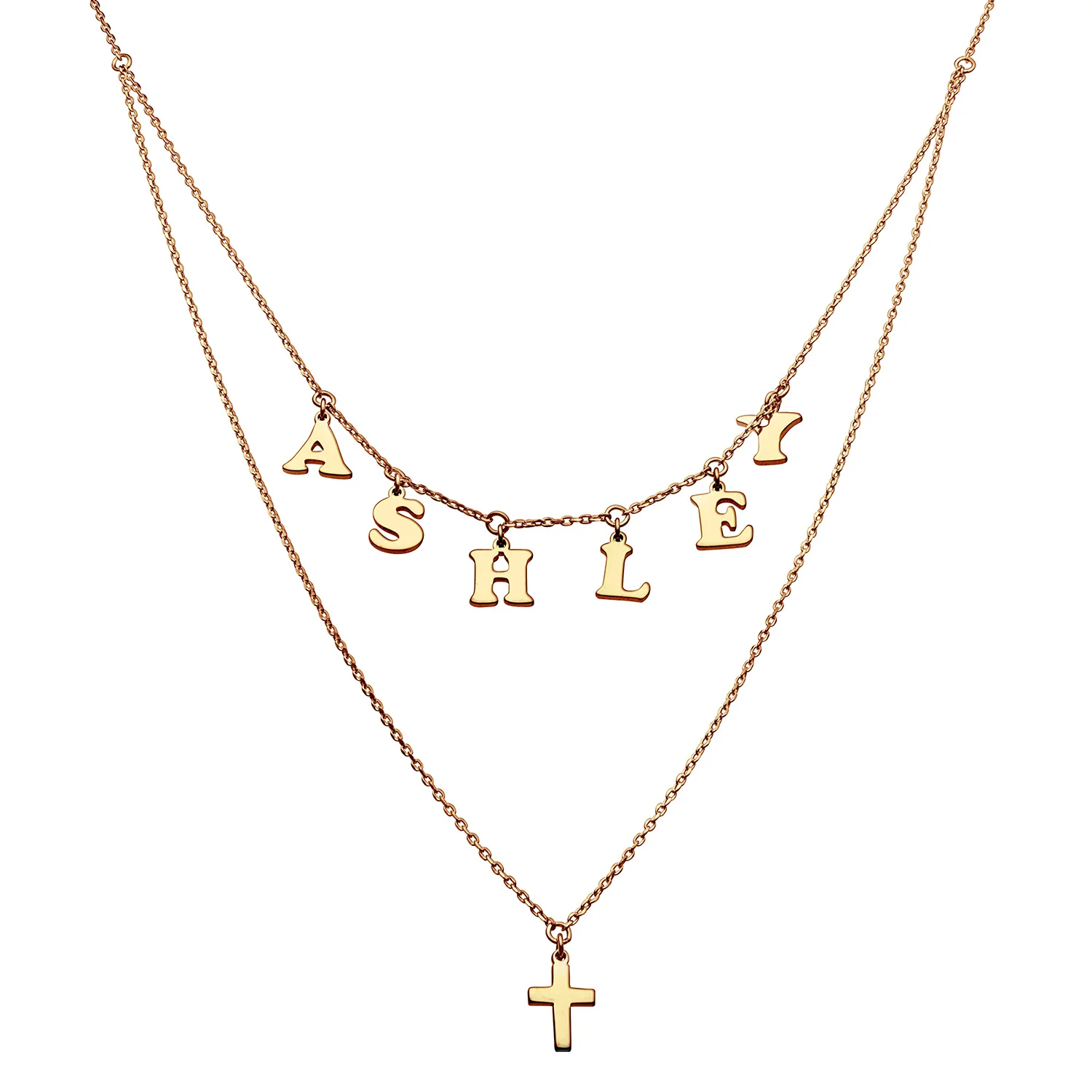 14K Gold over Sterling Layered Name and Cross Double Necklace
