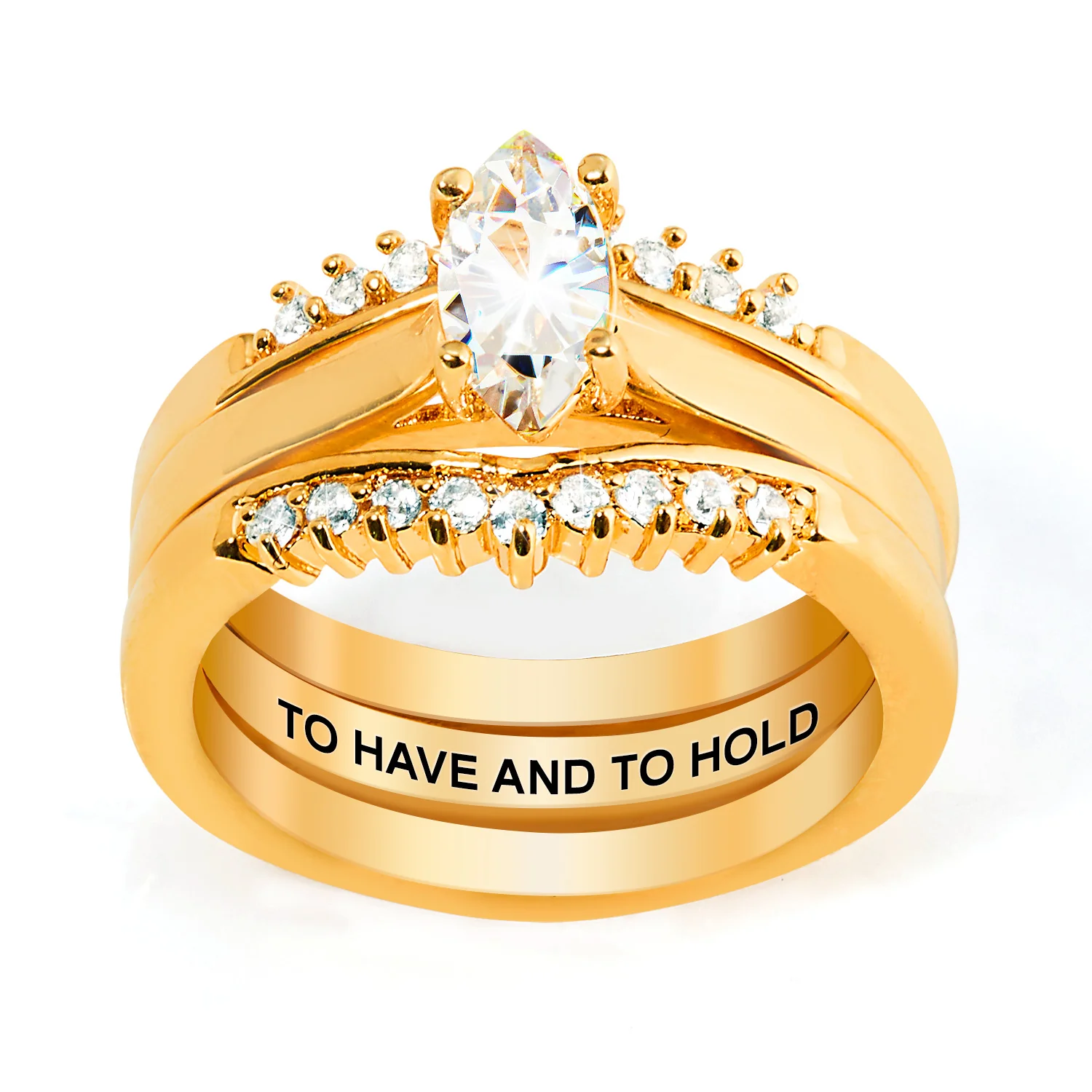 Gold over Sterling Marquise White Topaz Solitaire with Enhancer Engraved Engagement Ring Set - Image 3