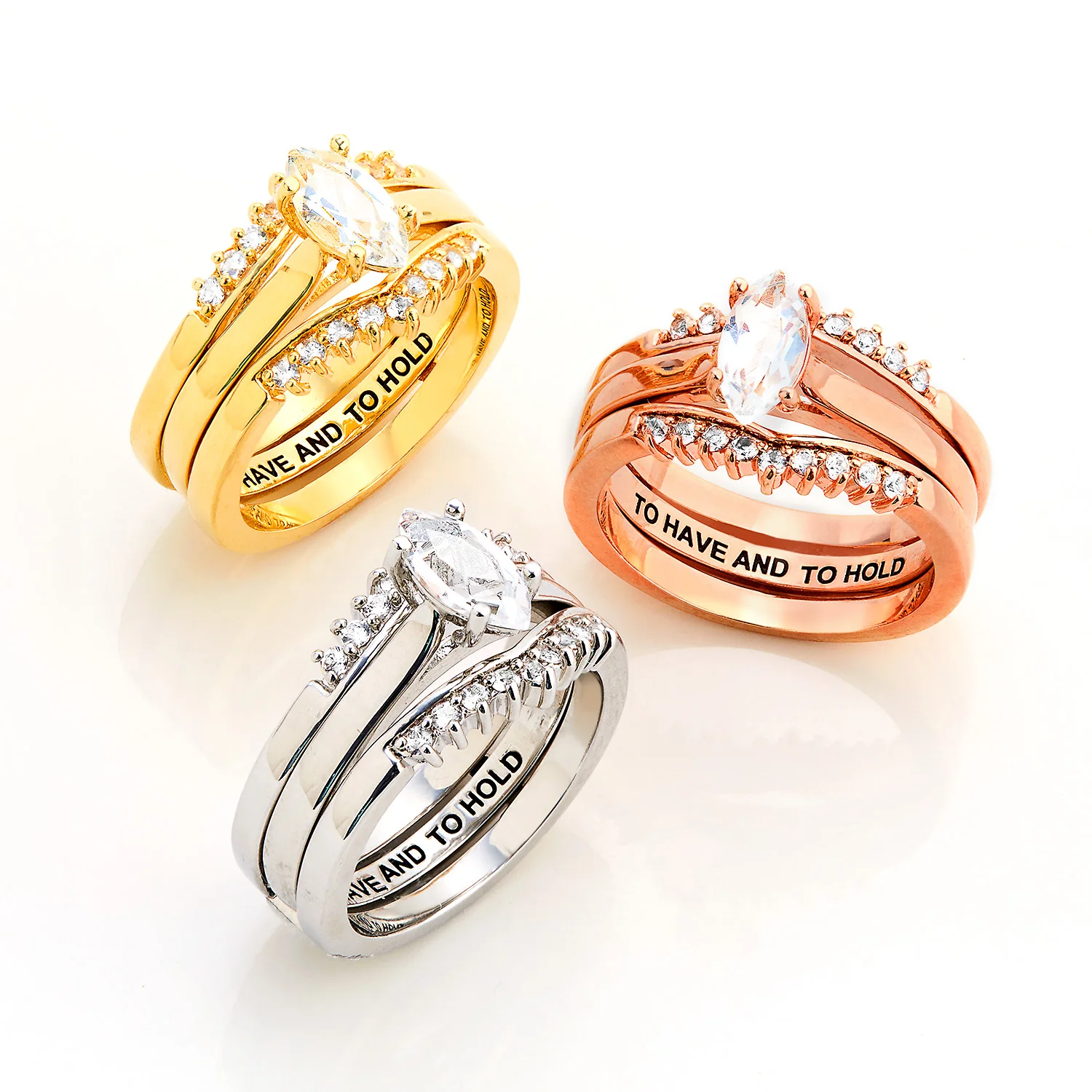 Gold over Sterling Marquise White Topaz Solitaire with Enhancer Engraved Engagement Ring Set - Image 6