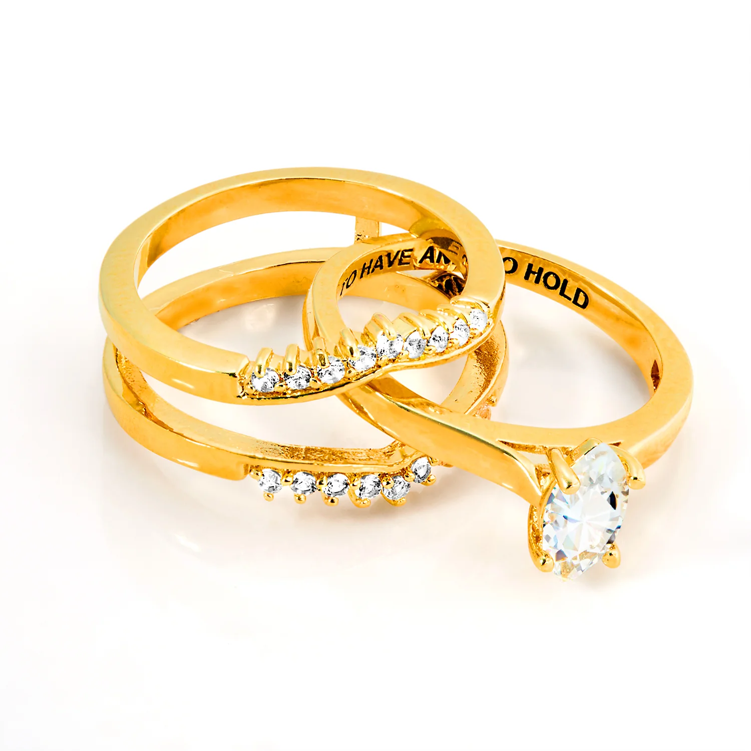 Gold over Sterling Marquise White Topaz Solitaire with Enhancer Engraved Engagement Ring Set - Image 8