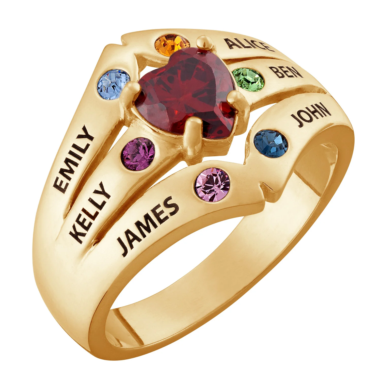 14K Gold over Sterling Mother's Heart Birthstone Family Name Ring - Image 2