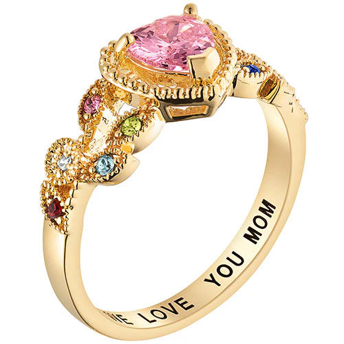 14K Gold over Sterling Mother's Heart Family Birthstone Ring - Image 2