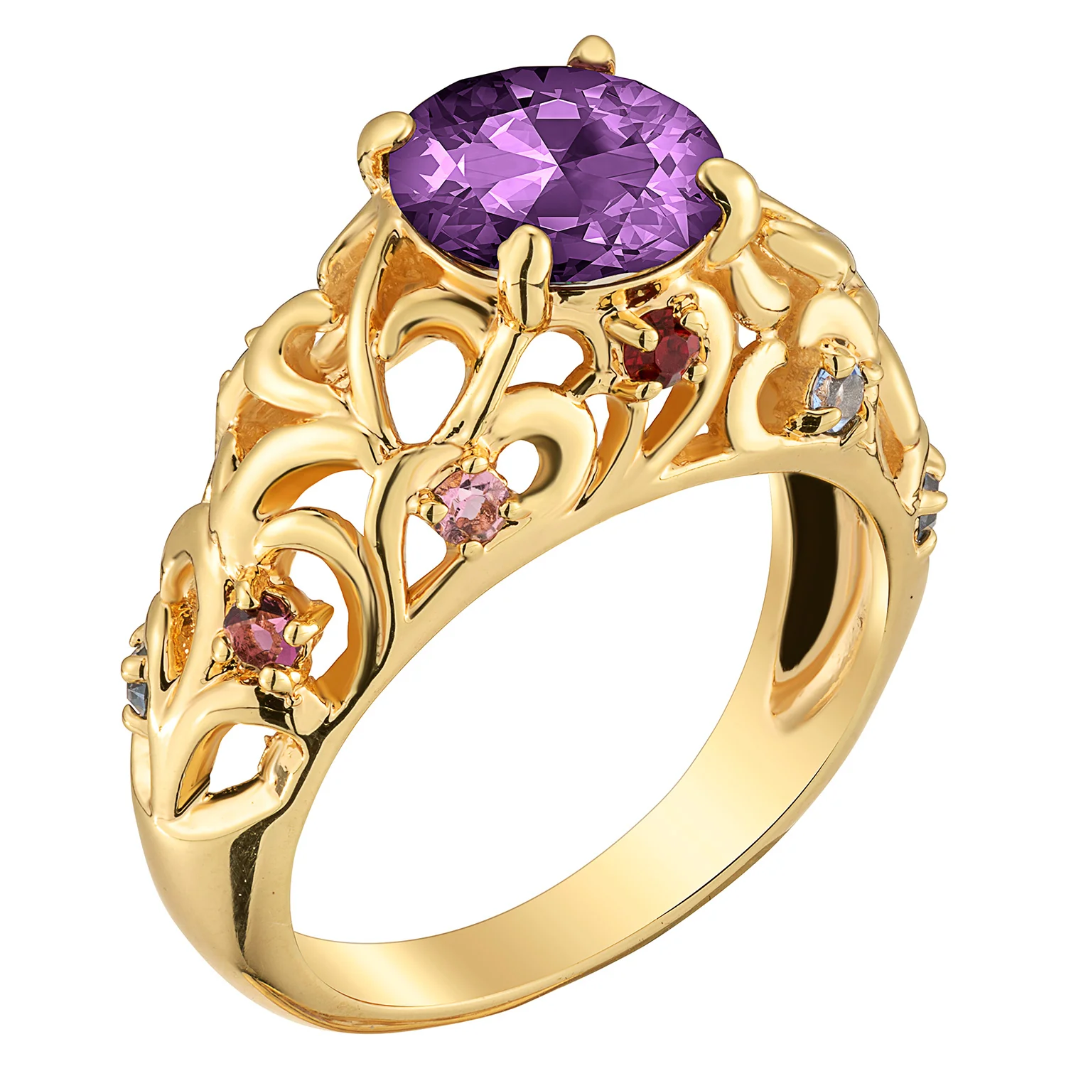 14K Gold over Sterling Mother's Round Family Birthstone Filigree Ring - Image 2