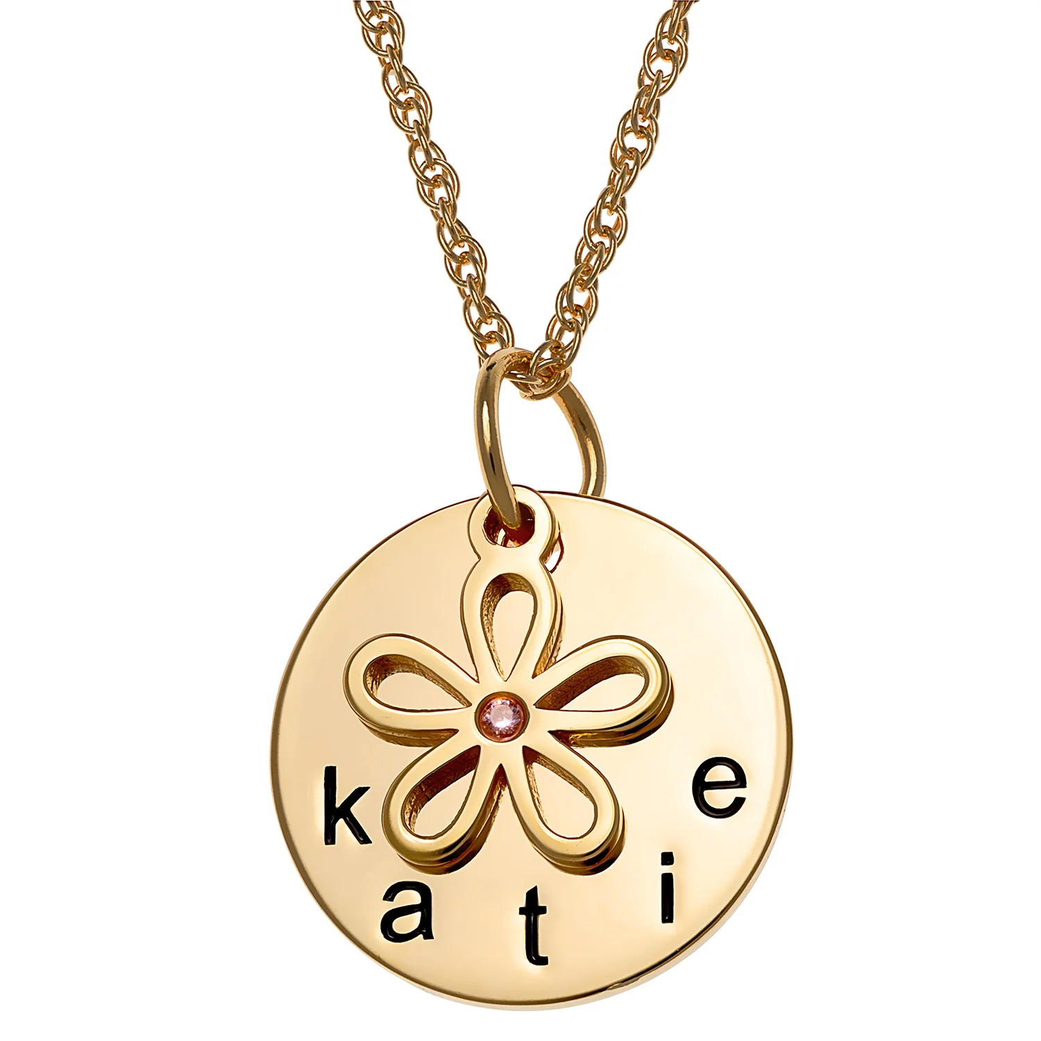 14K Gold over Sterling Name Disc with Birthstone Flower Charm Necklace