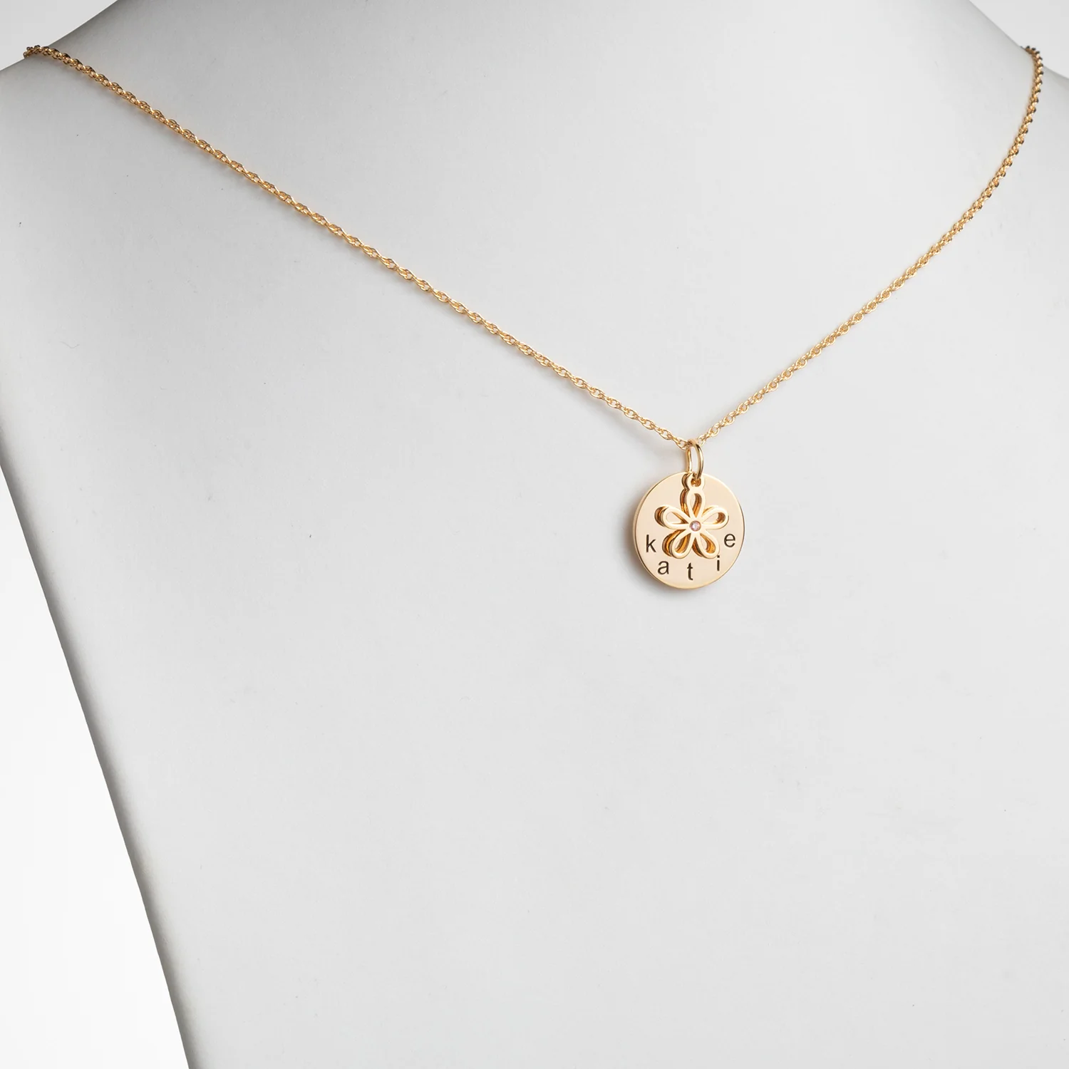 14K Gold over Sterling Name Disc with Birthstone Flower Charm Necklace - Image 2