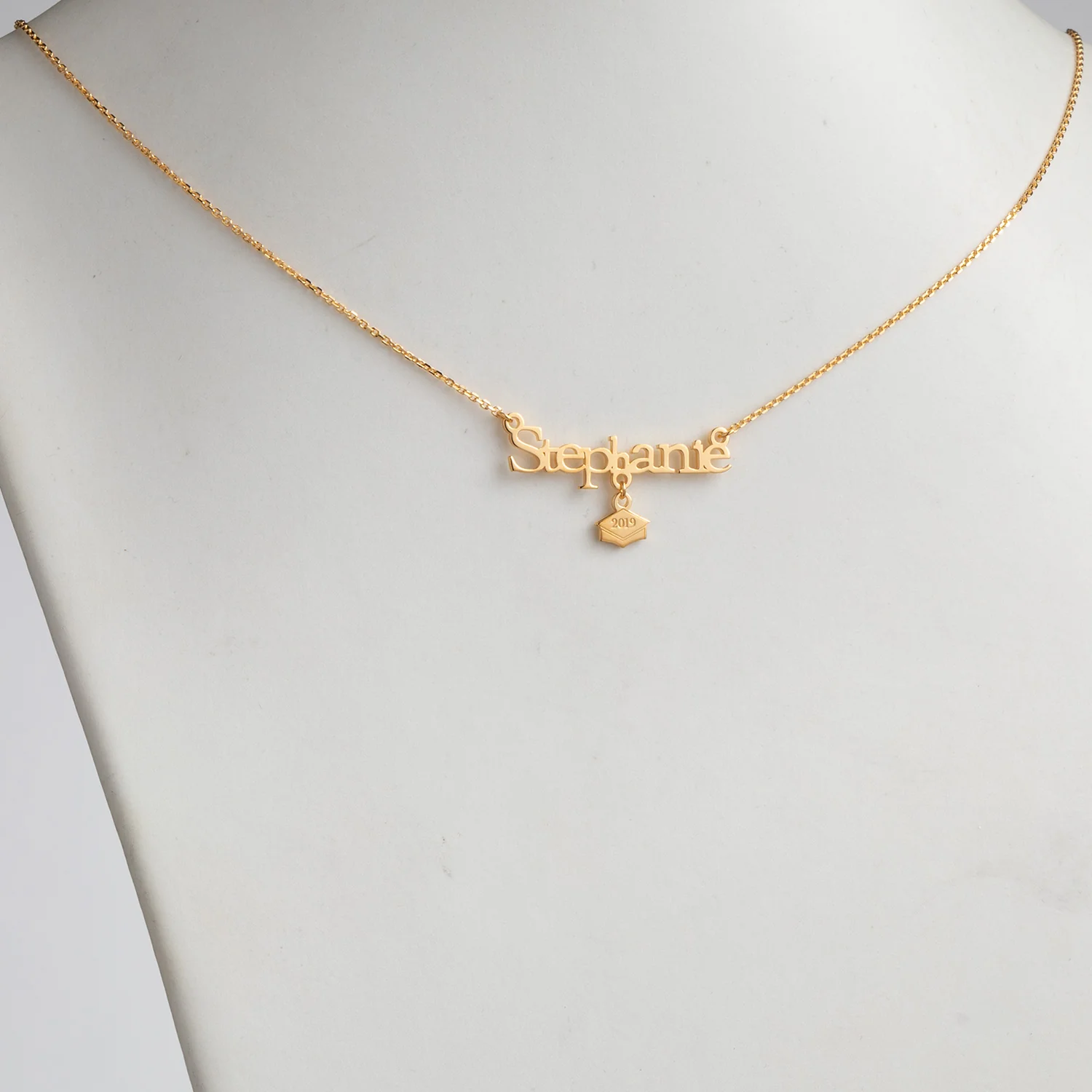 14K Gold over Sterling Name with Graduation Cap Charm Necklace - Image 2