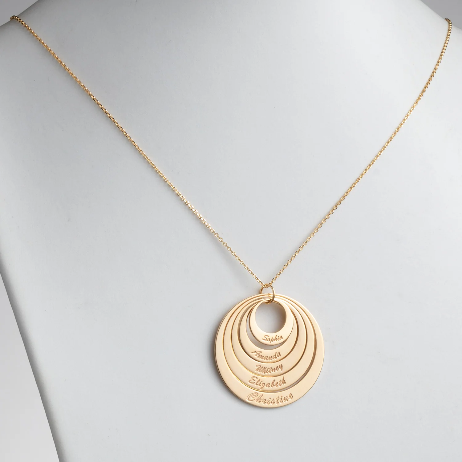 14K Gold over Sterling Nesting Circles with Names Necklace - 5 Discs - Image 2