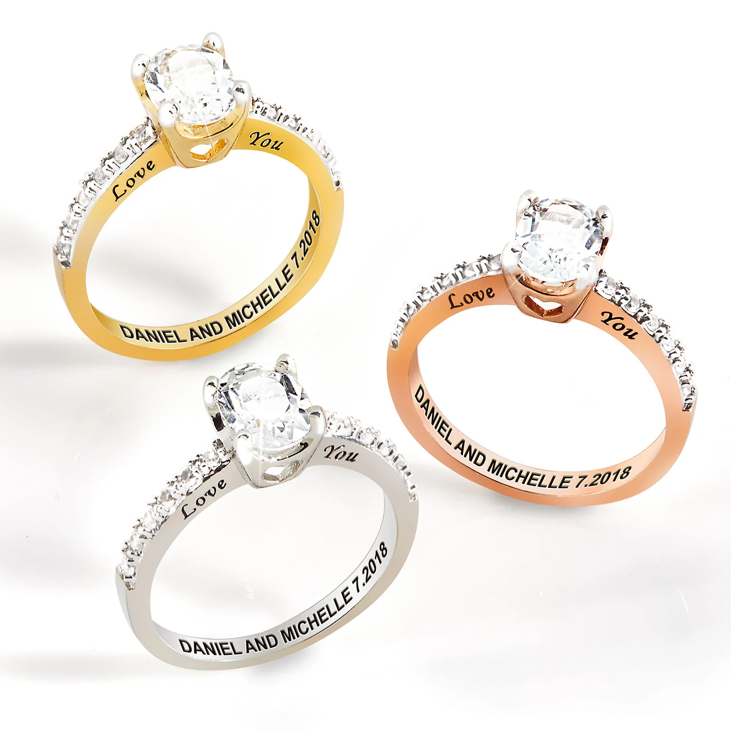 Gold over Sterling Oval White Topaz Open Heart Engraved Wedding Ring - Image 5