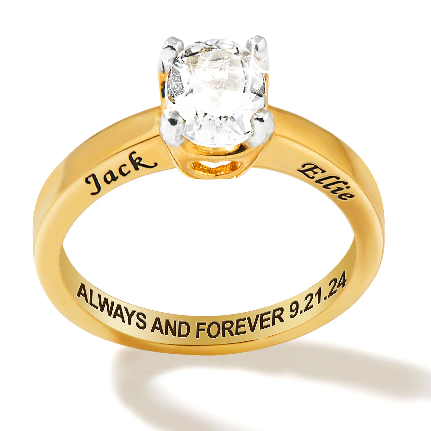 Gold over Sterling Oval White Topaz Solitaire Open Heart Engraved Wedding Ring - Image 3