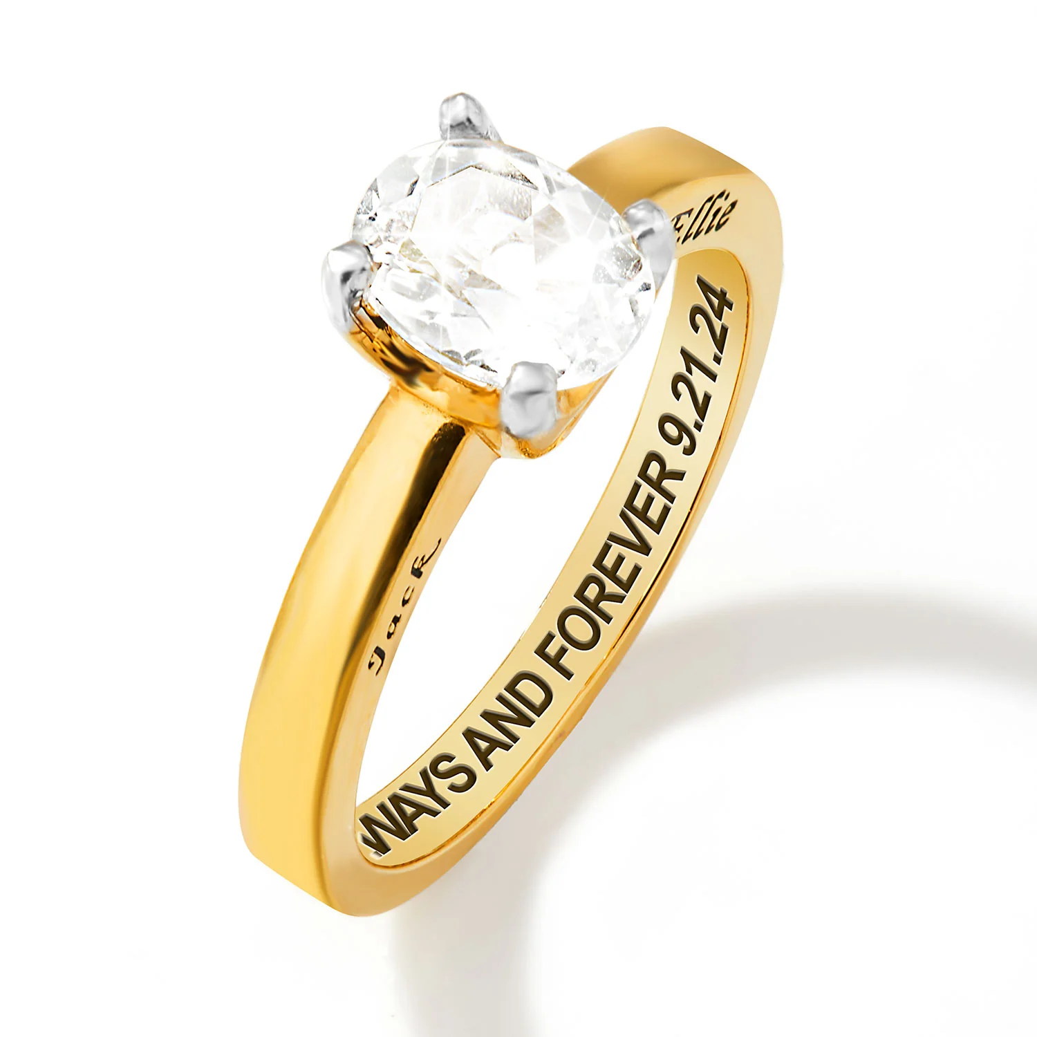 Gold over Sterling Oval White Topaz Solitaire Open Heart Engraved Wedding Ring - Image 4