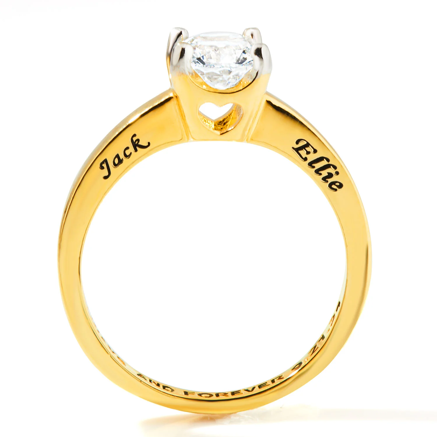 Gold over Sterling Oval White Topaz Solitaire Open Heart Engraved Wedding Ring - Image 5