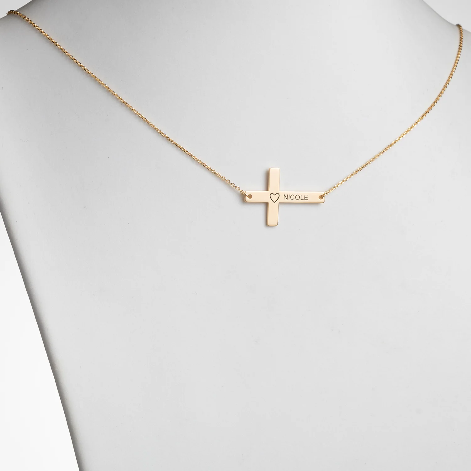 14K Gold over Sterling Personalized Name Sideways Cross with Heart Necklace - Image 2