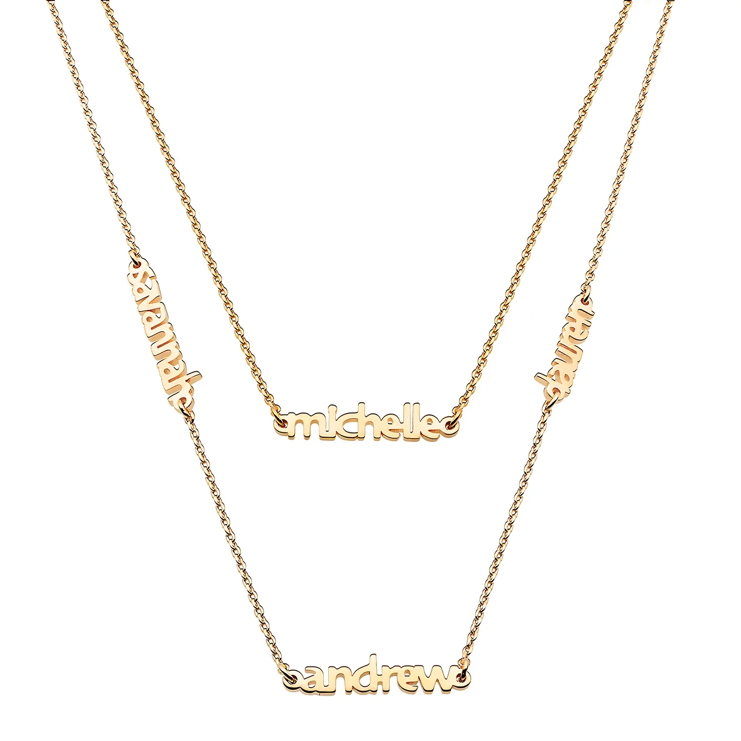 14K Gold over Sterling Petite Block Family Name Layered Necklace- 4 Names