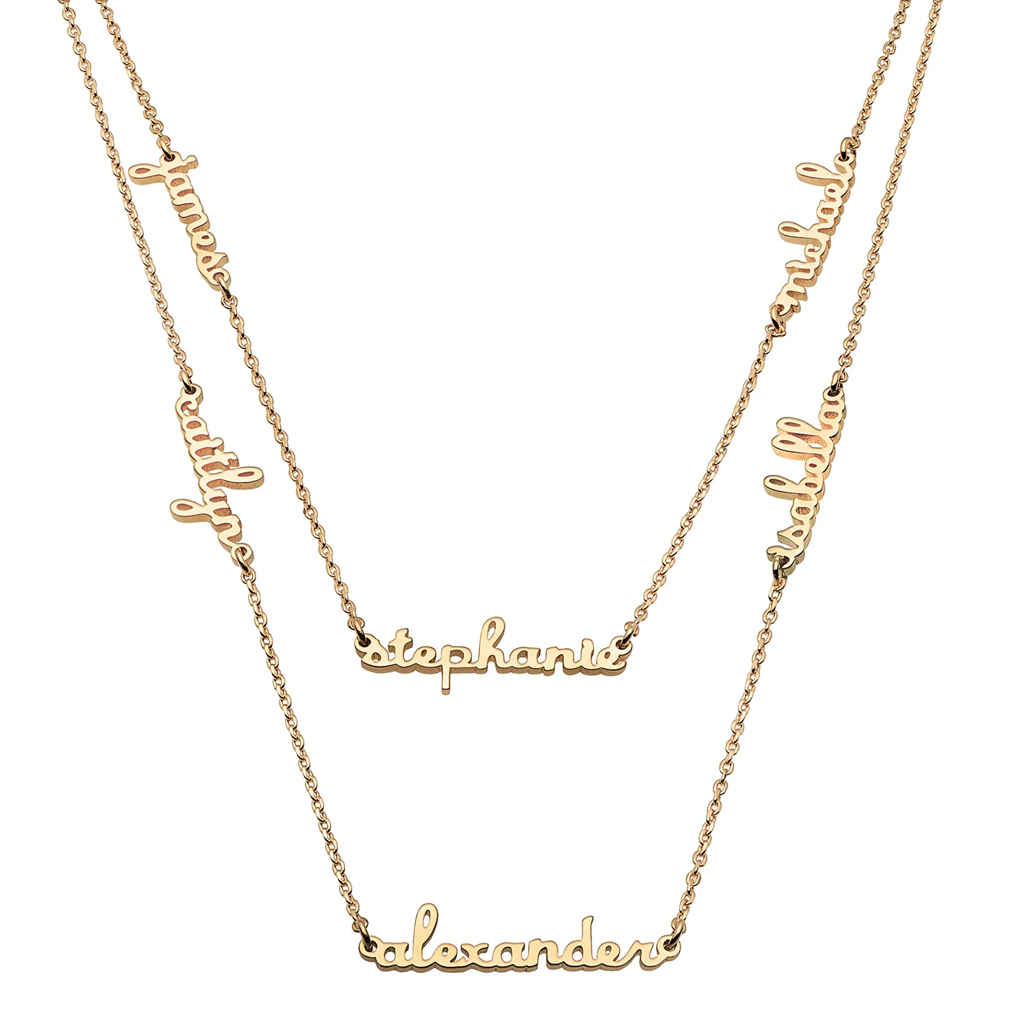 14K Gold over Sterling Petite Script Family Name Layered Necklace- 6 Names