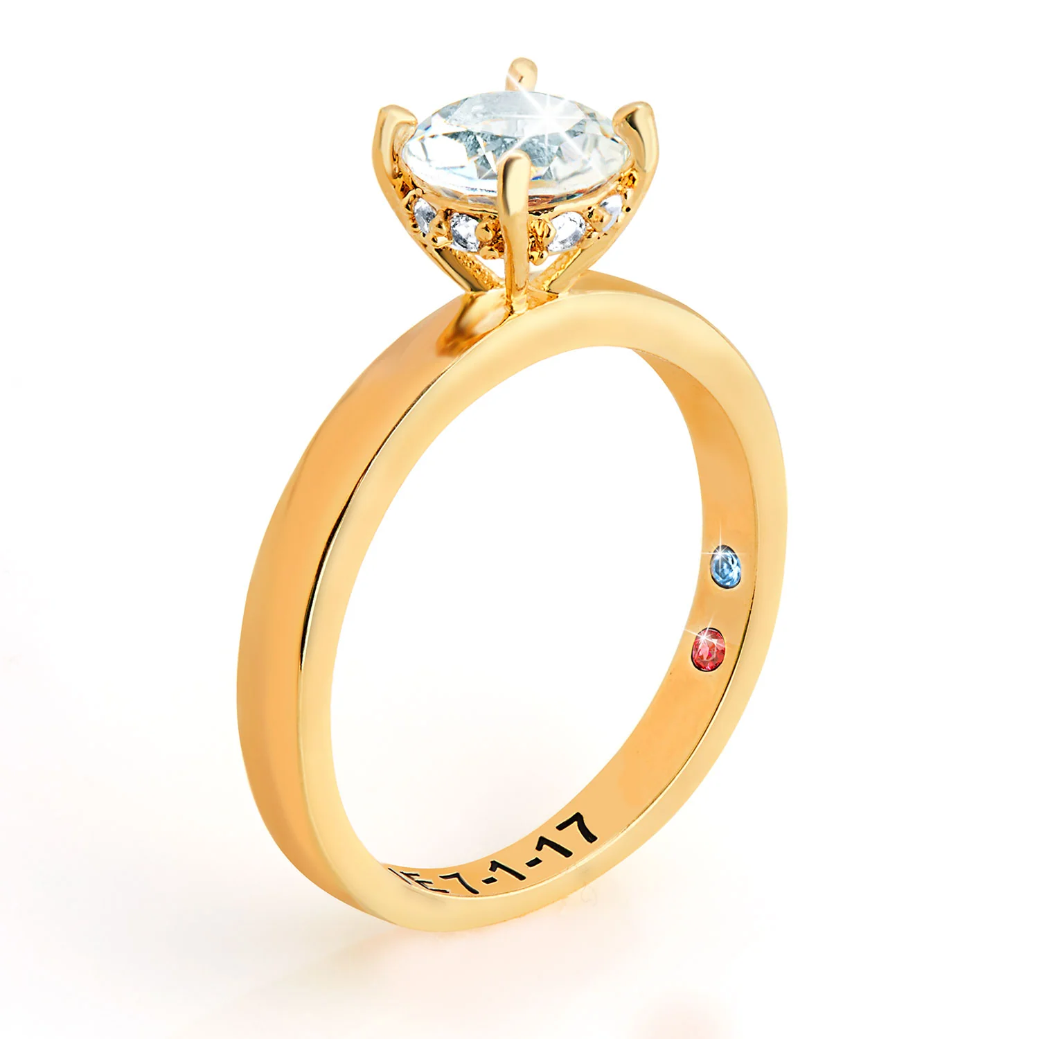 Gold over Sterling Round Hidden Halo White Topaz Hidden Birthstone Engagement Ring - Image 4