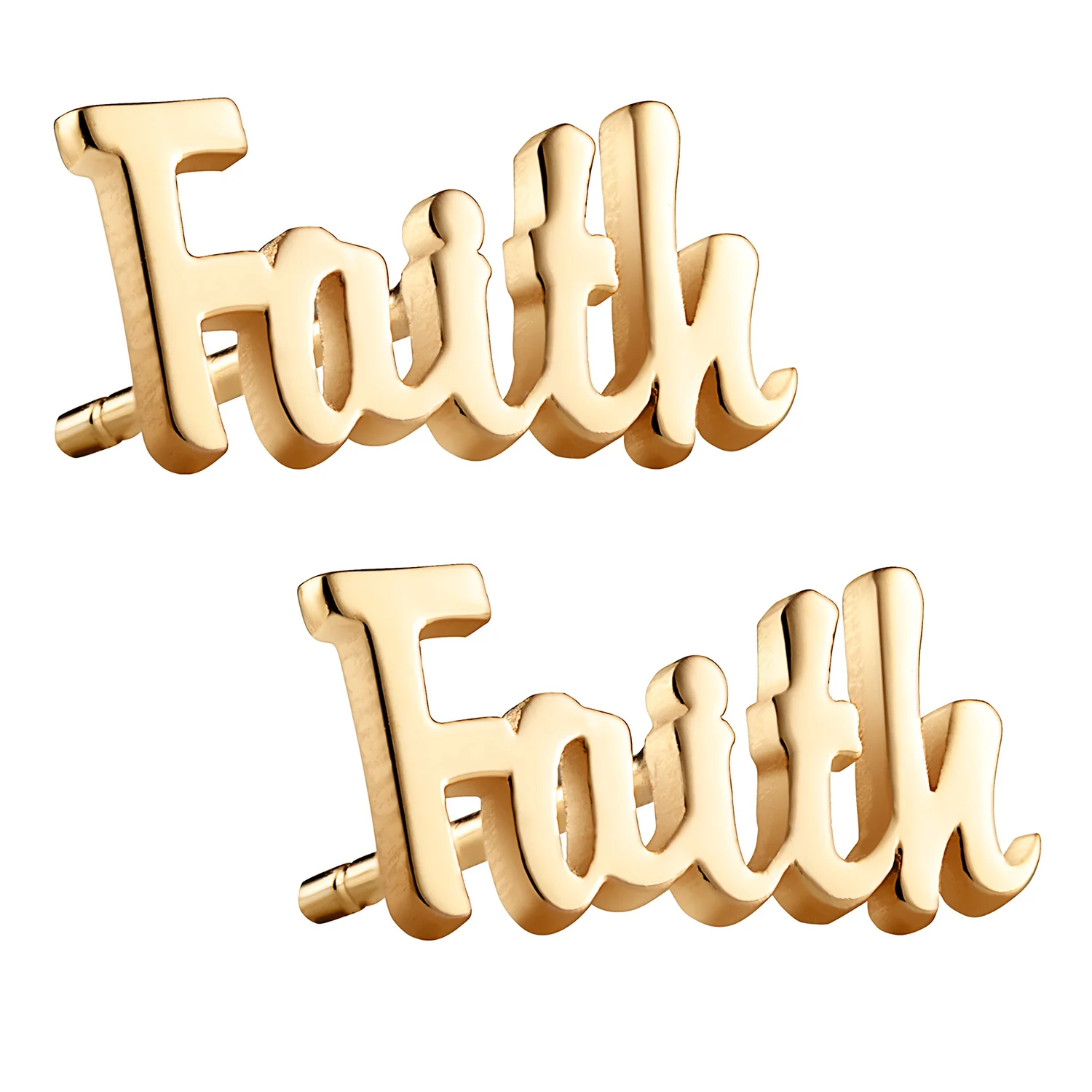 14K Gold over Sterling Script Faith Button Earrings - Image 2