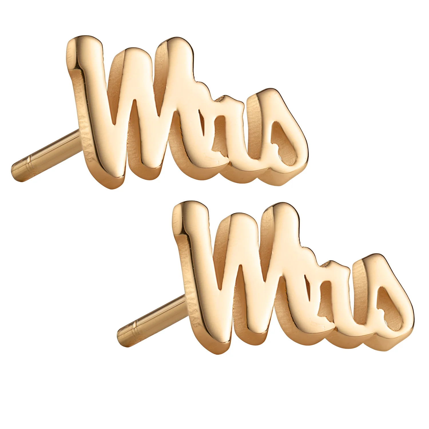 14K Gold over Sterling Script Mrs Button Earrings - Image 2
