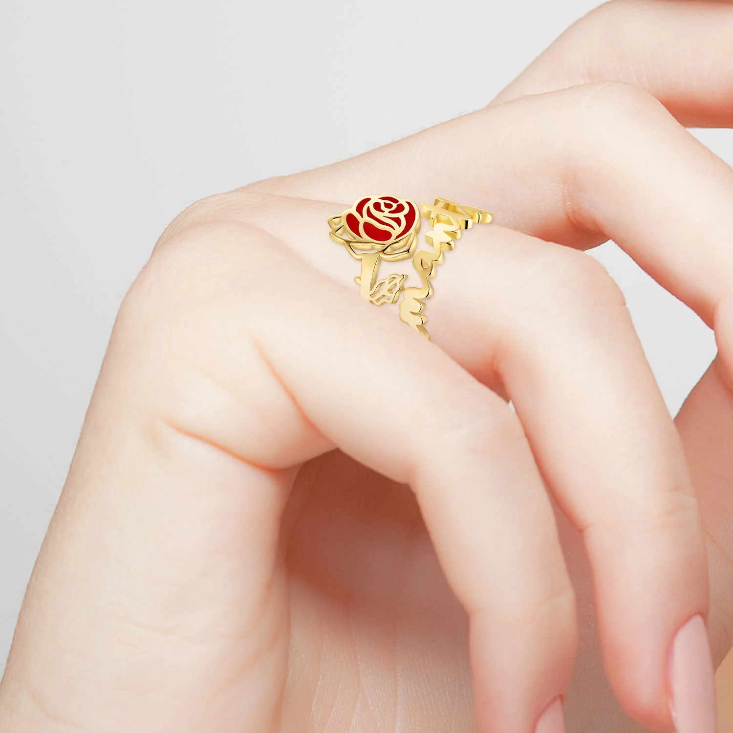 Gold over Sterling Script Name and Birthmonth Enamel Flower Bypass Ring - Image 2