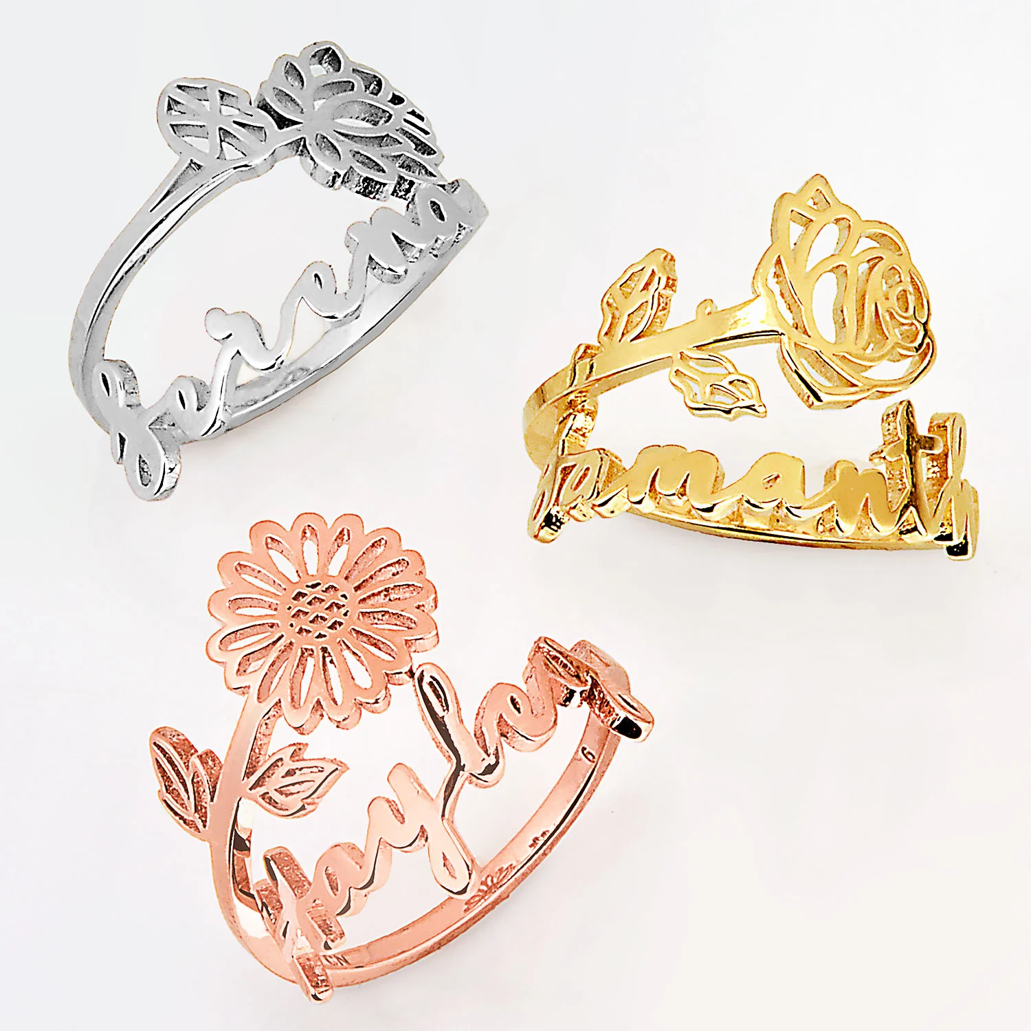 Gold over Sterling Script Name and Birthmonth Flower Bypass Ring - Image 4