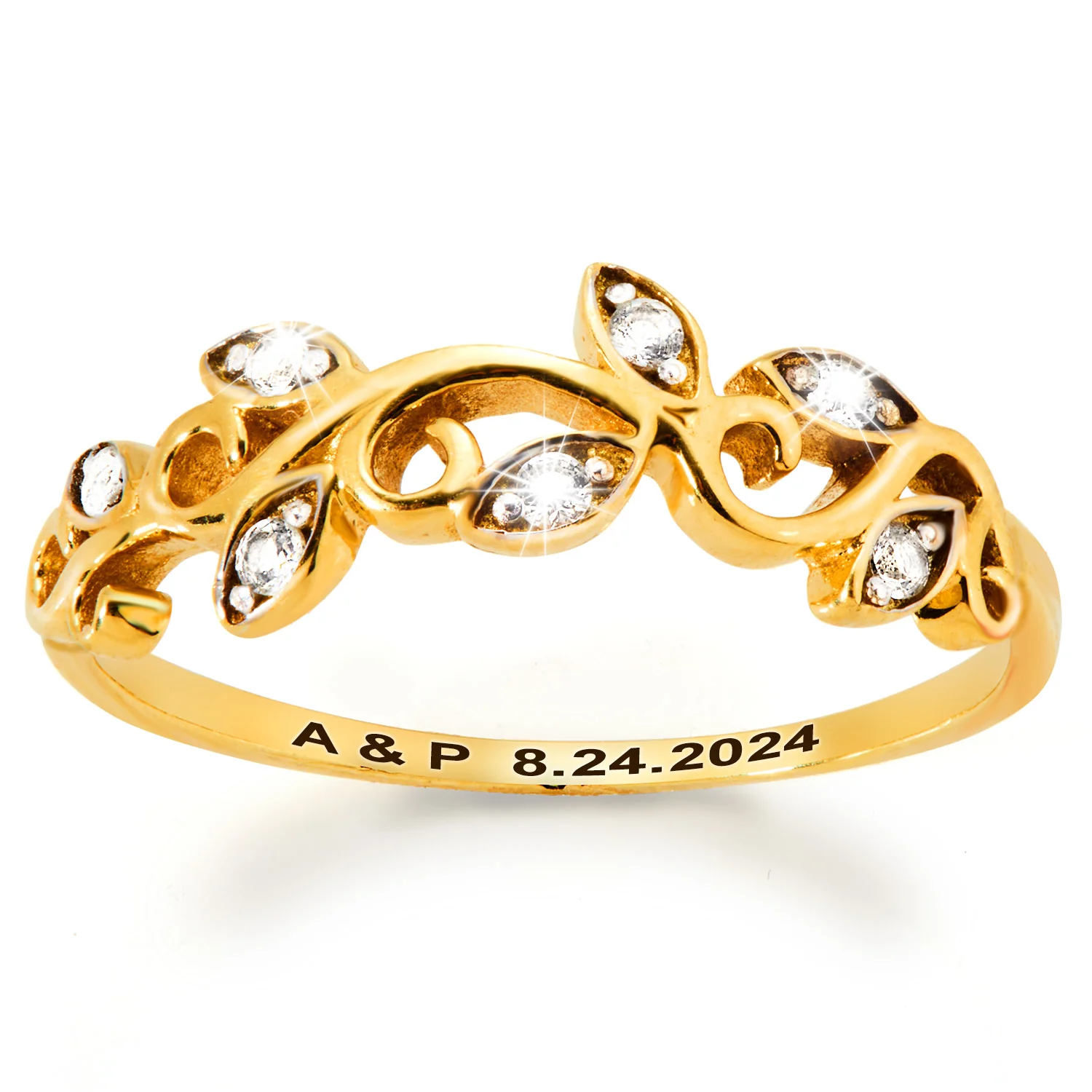 Gold over Sterling Scroll Leaf White Topaz Band Ring - Image 4